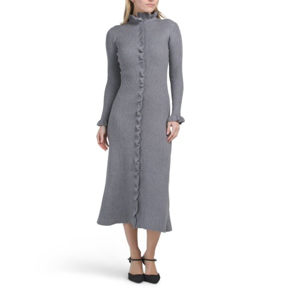 SOLITAIRE Grey Long Sleeve Ruffle Trim Knit Dress - Picture 1 of 2